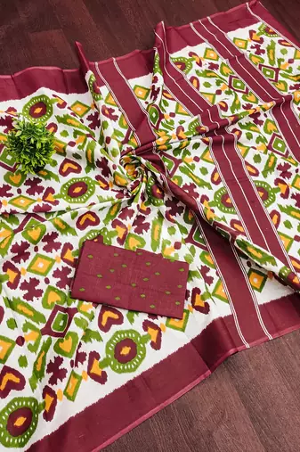 Maroon ikkat print mulmul cotton saree with blouse.