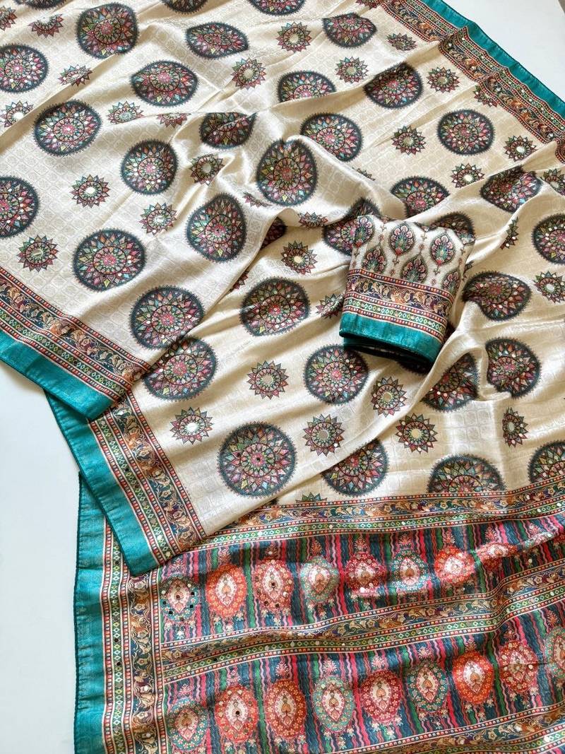 Blue Color  Digital Printing With Original Mirror Work Dola Silk Saree 