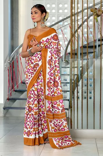 Mustard ikkat print mulmul cotton saree with blouse.