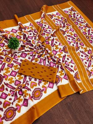 Mustard ikkat print mulmul cotton saree with blouse. 5