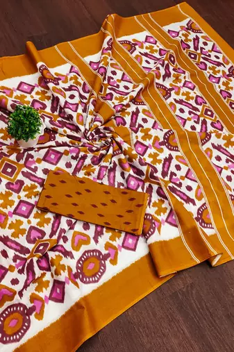 Mustard ikkat print mulmul cotton saree with blouse.