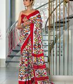 Red ikkat print mulmul cotton saree with blouse.