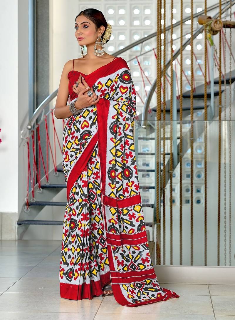 Red ikkat print mulmul cotton saree with blouse.