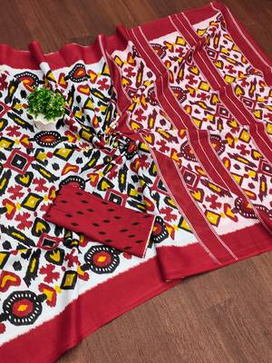 Red ikkat print mulmul cotton saree with blouse. 5