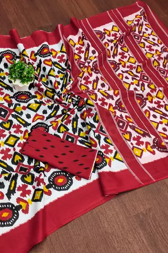 Red ikkat print mulmul cotton saree with blouse.