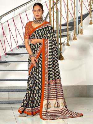 Black paisley print mulmul cotton saree with blouse. 1