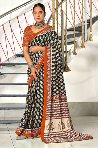 Black paisley print mulmul cotton saree with blouse.