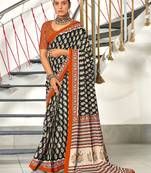 Black paisley print mulmul cotton saree with blouse.