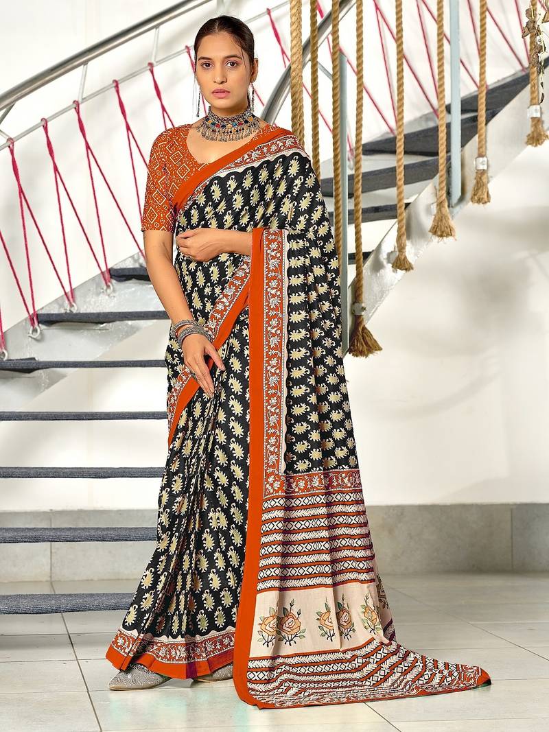 Black paisley print mulmul cotton saree with blouse.