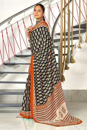 Black paisley print mulmul cotton saree with blouse.