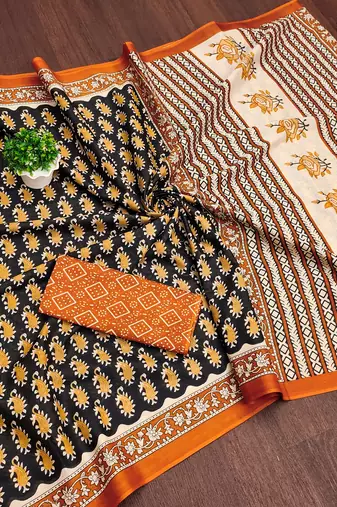 Black paisley print mulmul cotton saree with blouse.