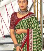 Green paisley print mulmul cotton saree with blouse.