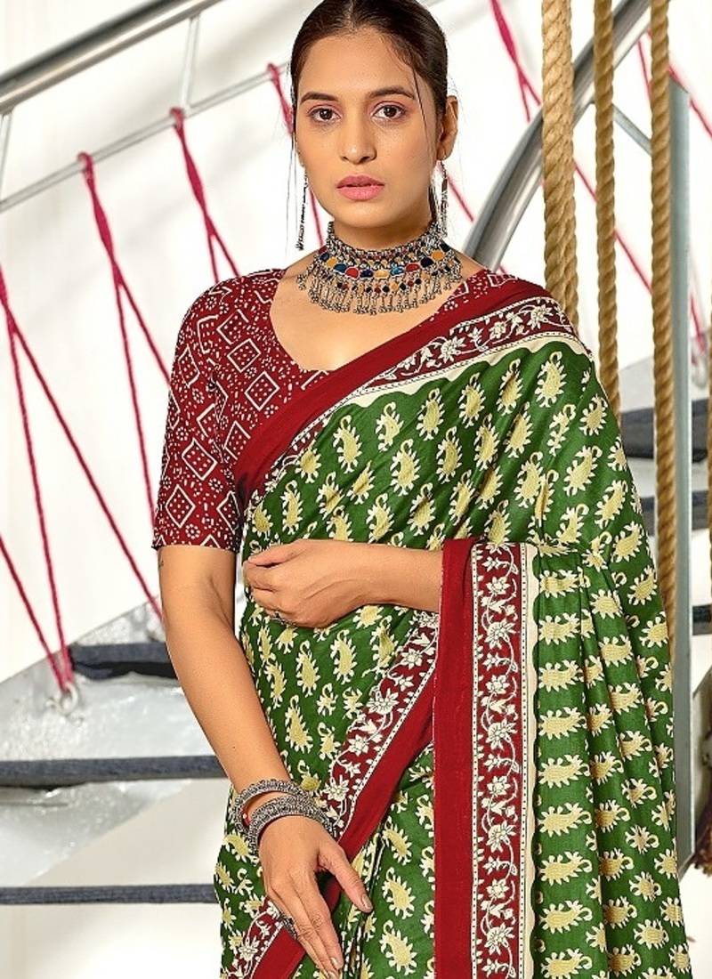 Green paisley print mulmul cotton saree with blouse.