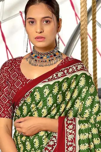 Green paisley print mulmul cotton saree with blouse.