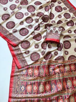 Red  Color  Digital Printing With Original Mirror Work Dola Silk Saree  1