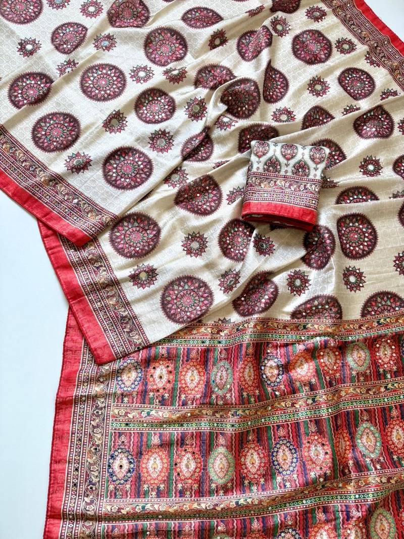 Red  Color  Digital Printing With Original Mirror Work Dola Silk Saree 