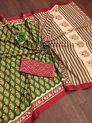 Green paisley print mulmul cotton saree with blouse. 5