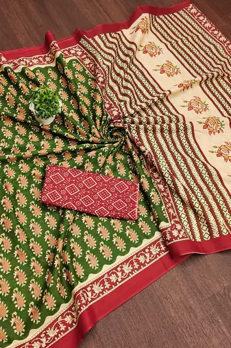 Green paisley print mulmul cotton saree with blouse.