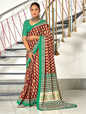 Maroon paisley print mulmul cotton saree with blouse. 1