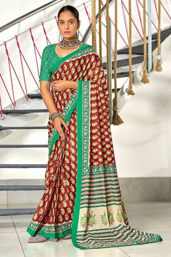 Maroon paisley print mulmul cotton saree with blouse.