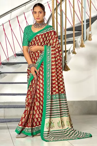 Maroon paisley print mulmul cotton saree with blouse.
