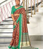 Maroon paisley print mulmul cotton saree with blouse.