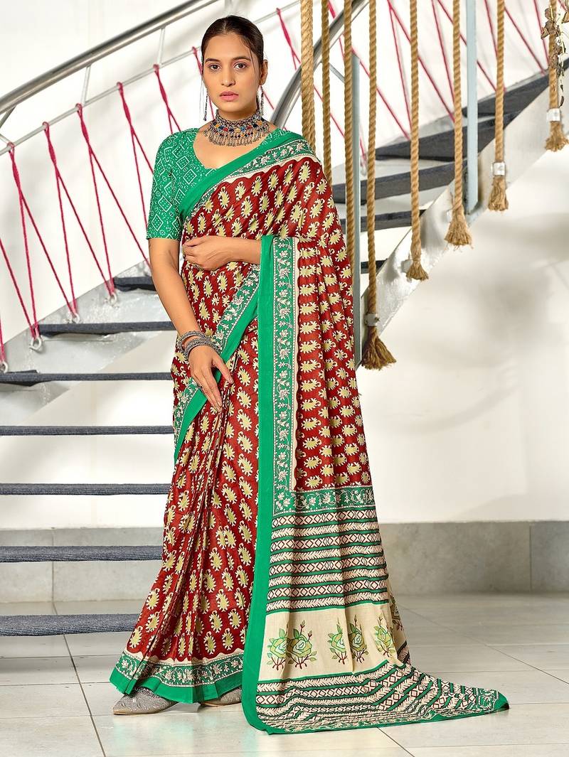 Maroon paisley print mulmul cotton saree with blouse.