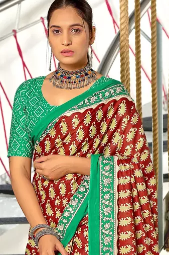 Maroon paisley print mulmul cotton saree with blouse.