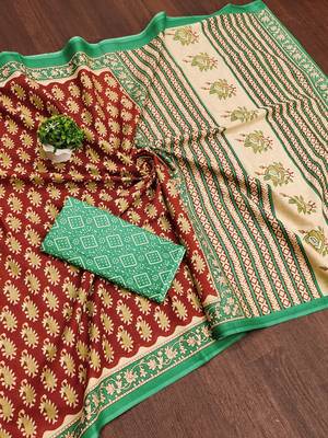 Maroon paisley print mulmul cotton saree with blouse. 5