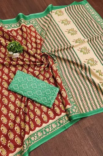 Maroon paisley print mulmul cotton saree with blouse.