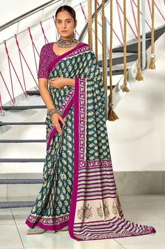 Teal blue paisley print mulmul cotton saree with blouse.