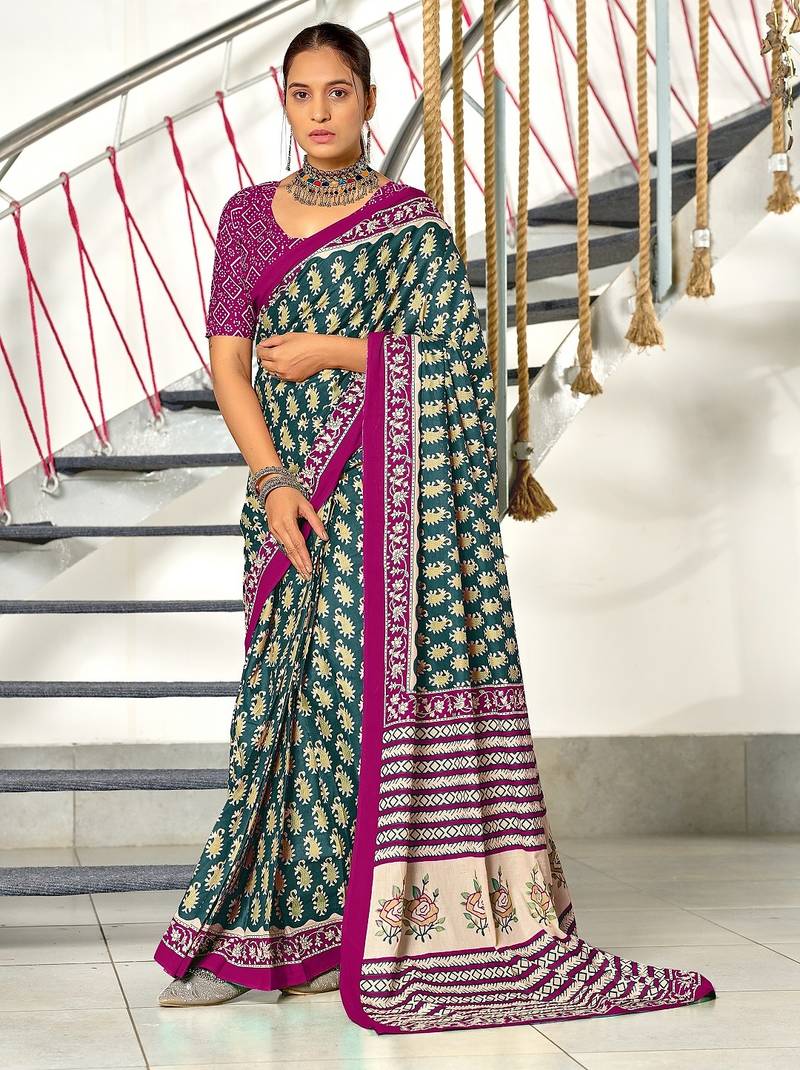 Teal blue paisley print mulmul cotton saree with blouse.