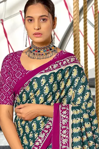 Teal blue paisley print mulmul cotton saree with blouse.