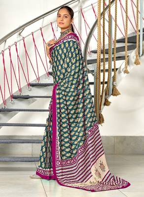 Teal blue paisley print mulmul cotton saree with blouse. 3
