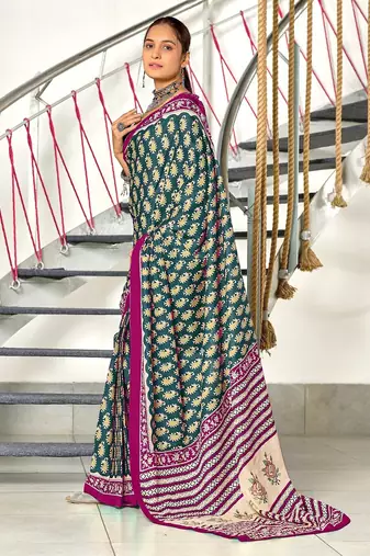 Teal blue paisley print mulmul cotton saree with blouse.