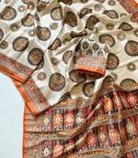Orange  Color  Digital Printing With Original Mirror Work Dola Silk Saree 