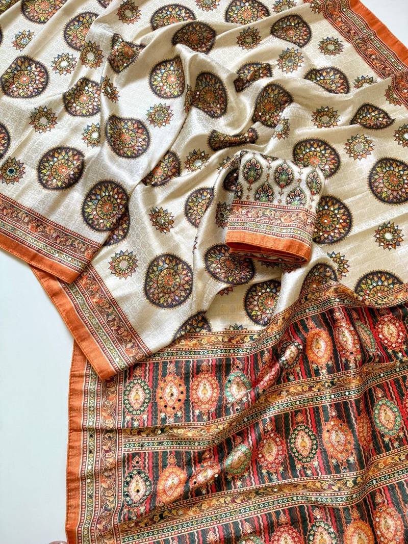 Orange  Color  Digital Printing With Original Mirror Work Dola Silk Saree 