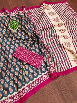 Teal blue paisley print mulmul cotton saree with blouse. 5