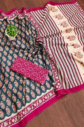 Teal blue paisley print mulmul cotton saree with blouse.