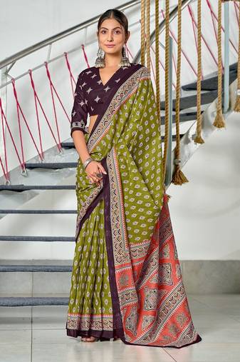Green floral print mulmul cotton saree with blouse.