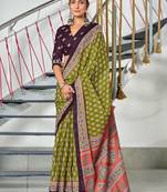 Green floral print mulmul cotton saree with blouse.