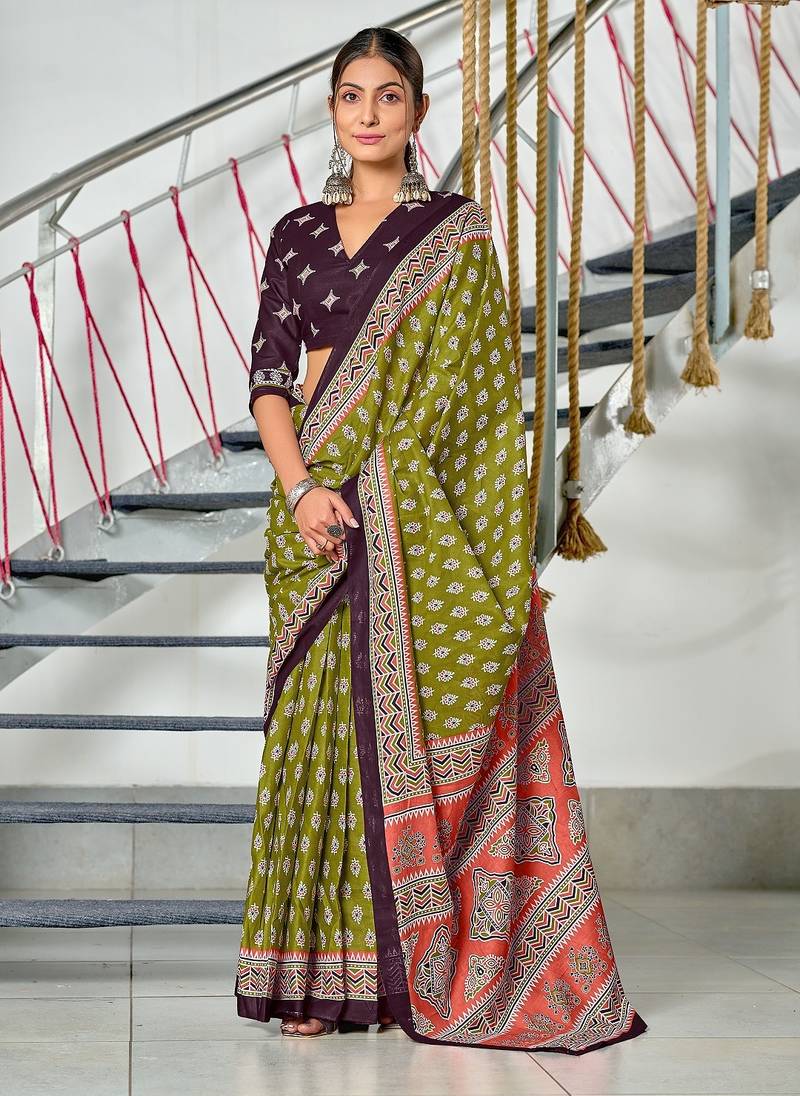 Green floral print mulmul cotton saree with blouse.