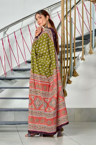 Green floral print mulmul cotton saree with blouse.