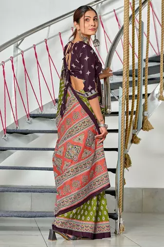 Green floral print mulmul cotton saree with blouse.