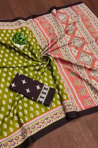 Green floral print mulmul cotton saree with blouse.