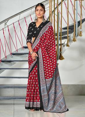 Maroon floral print mulmul cotton saree with blouse. 1