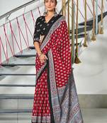 Maroon floral print mulmul cotton saree with blouse.