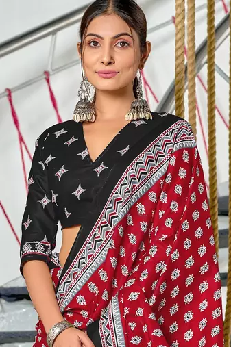 Maroon floral print mulmul cotton saree with blouse.
