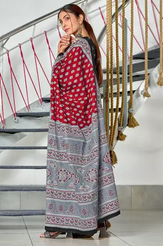 Maroon floral print mulmul cotton saree with blouse.