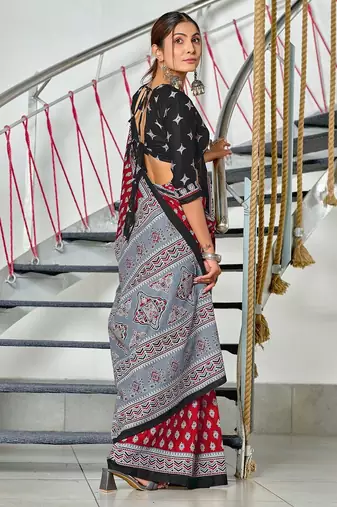 Maroon floral print mulmul cotton saree with blouse.